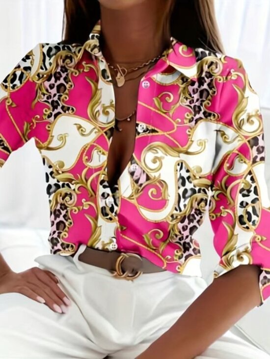 Passion of Essence Tops - Pink Baroque Leopard Patchwork Blouse – Button-Up Satin Shirt (2XL)